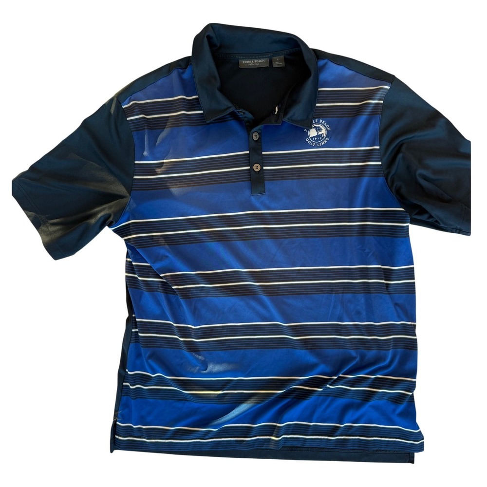 Pebble Beach Mens Striped Golf Links Polo Shirt L Blue Navy Performance‎ Preppy